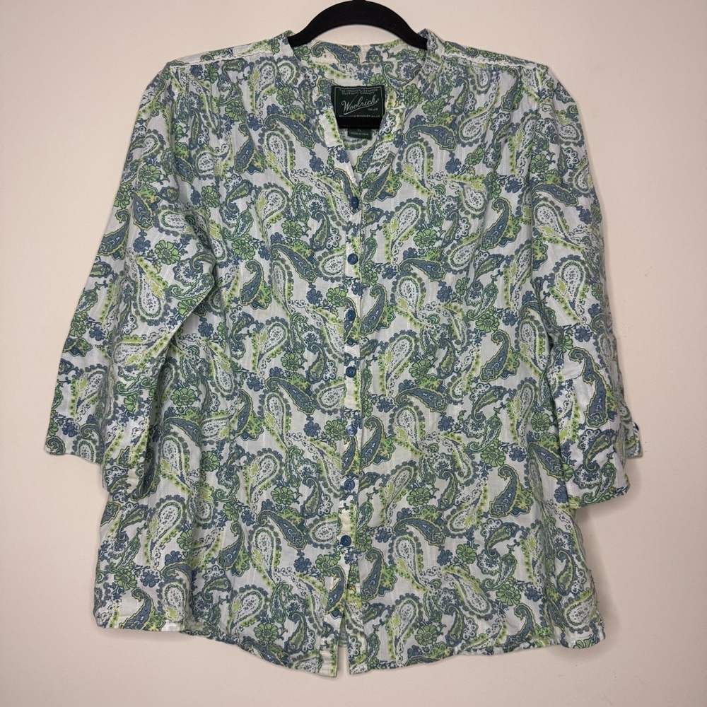 WOOLRICH Green Paisley Print 100% Cotton Lace Gorpcore Outdoors Buttondown Shirt